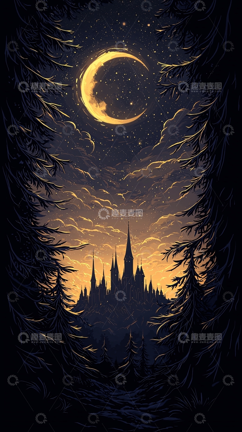 高清大图下载【趣麦麦图】梦幻森林中的城堡夜景