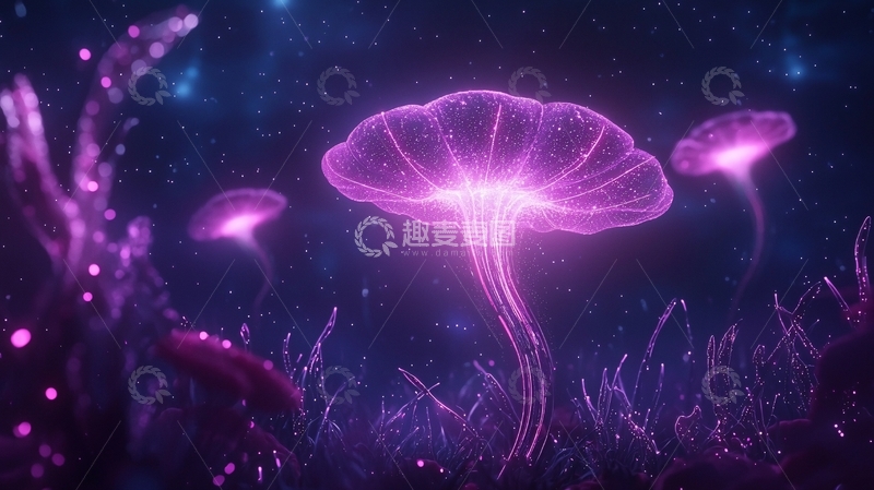高清大图下载【趣麦麦图】梦幻紫色发光蘑菇群
