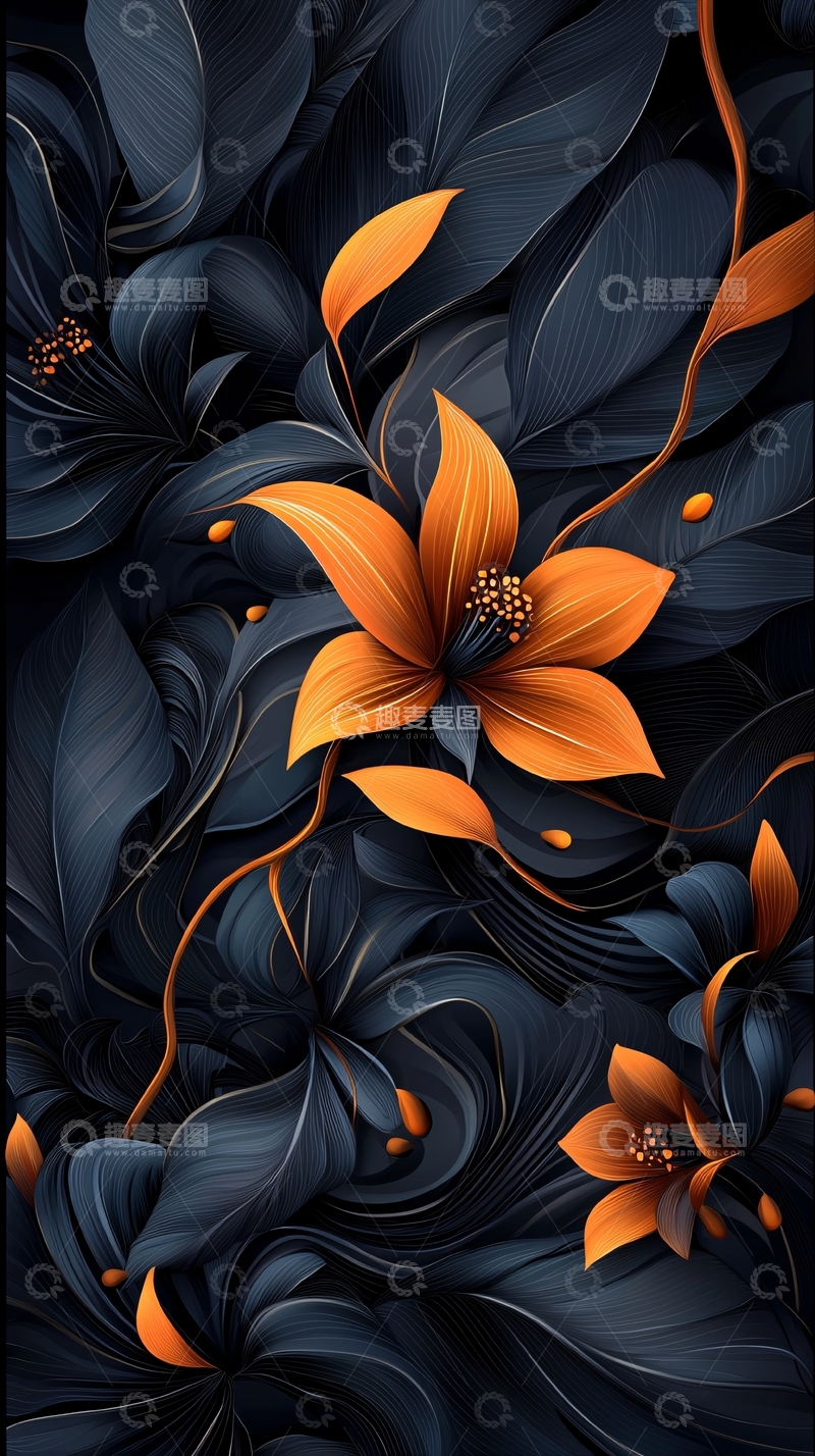 高清大图下载【趣麦麦图】橙色花朵与深色背景的艺术插画