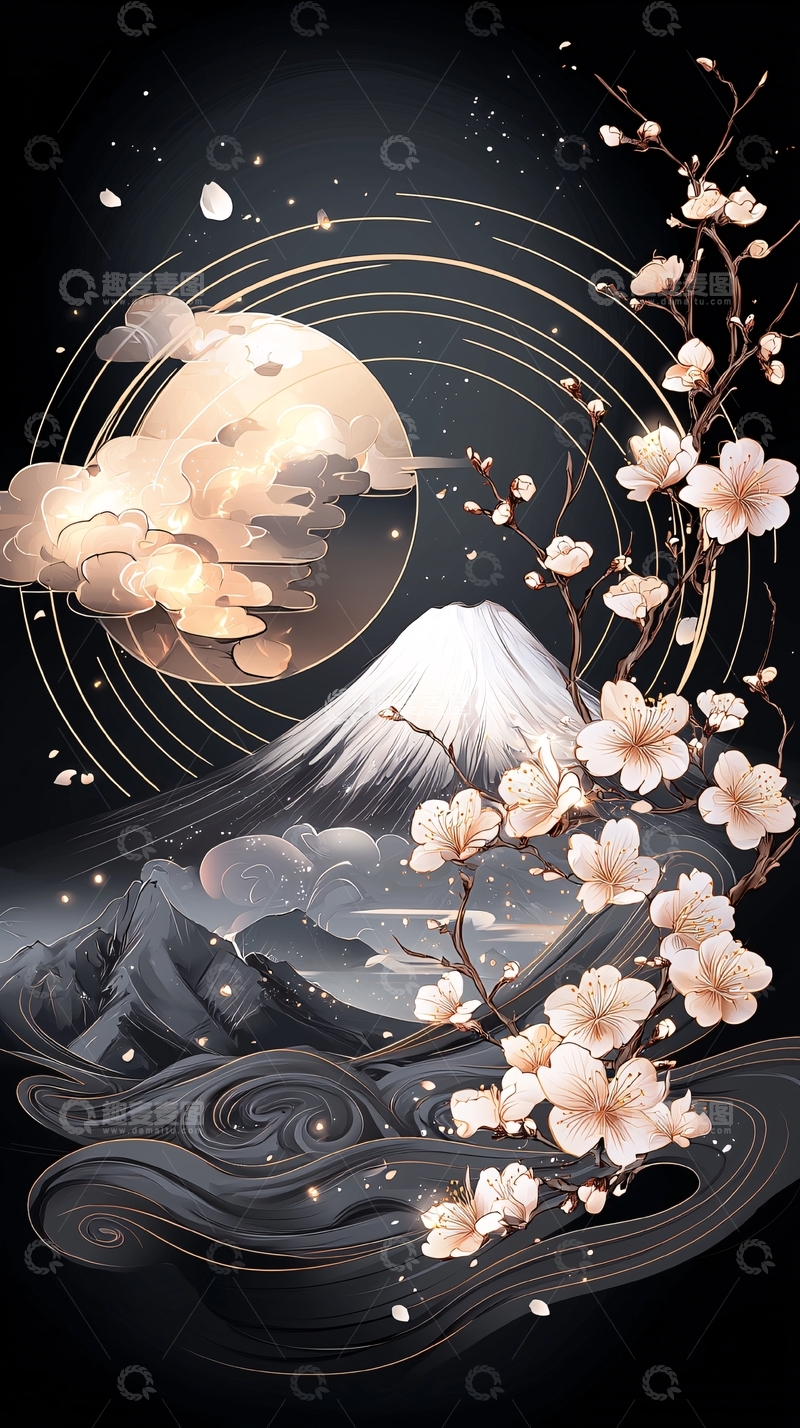 高清大图下载【趣麦麦图】月夜樱花山景图