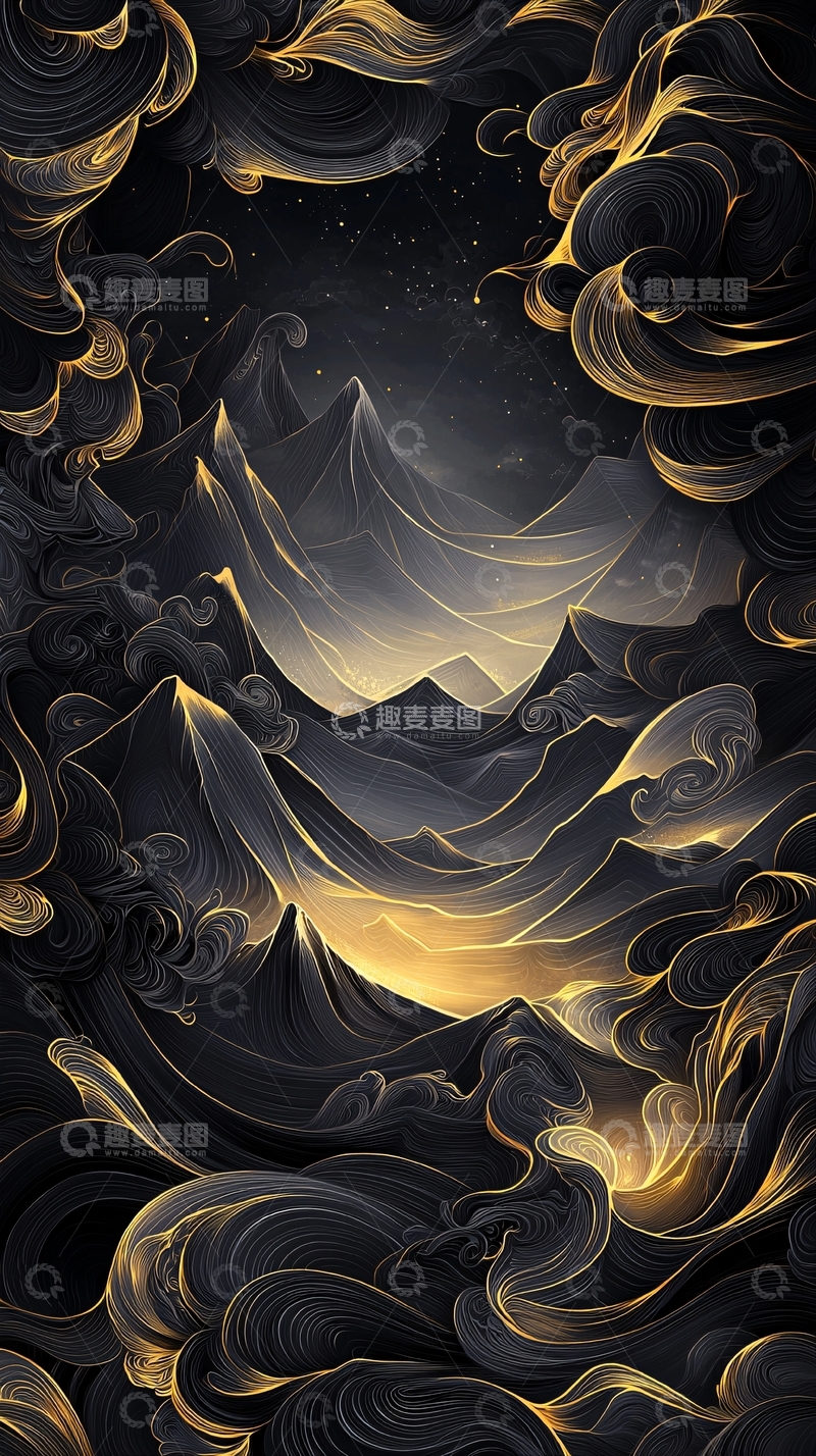 高清大图下载【趣麦麦图】金色山脉夜景插画