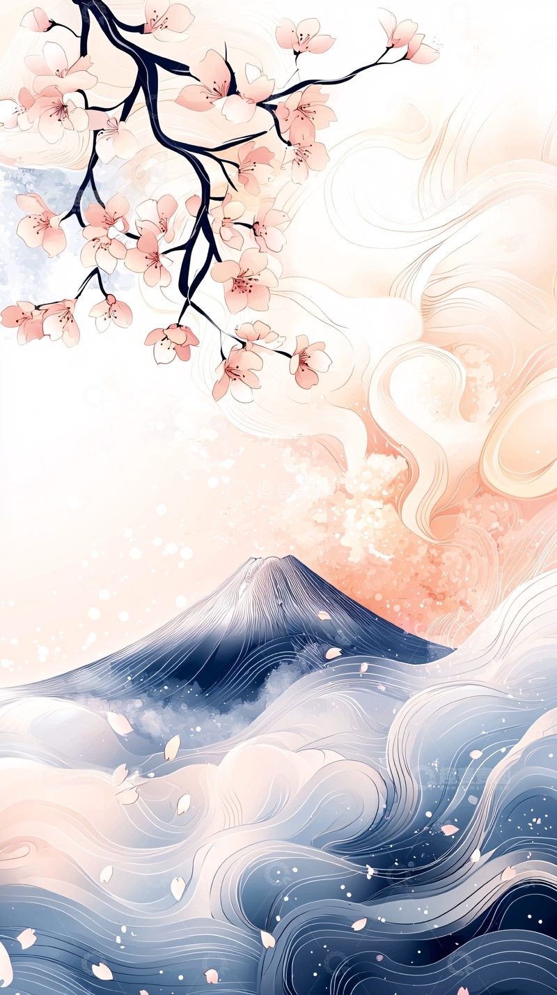 高清大图下载【趣麦麦图】樱花盛开的富士山