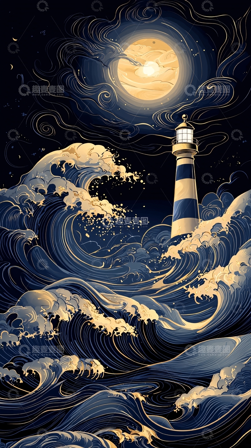 高清大图下载【趣麦麦图】月夜灯塔与汹涌海浪