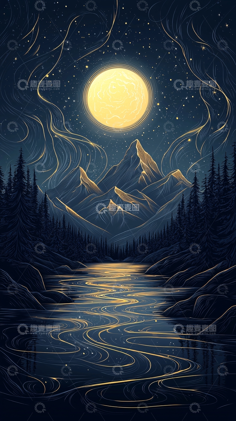 高清大图下载【趣麦麦图】夜色山河月光下的河流