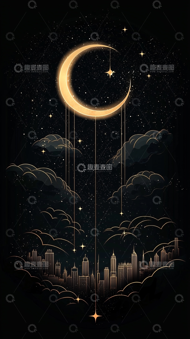 高清大图下载【趣麦麦图】夜空中的月亮与城市剪影