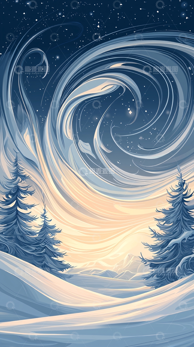高清大图下载【趣麦麦图】冬夜星河雪景插画