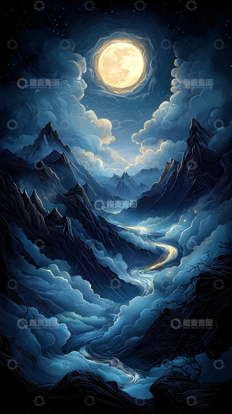 高清大图下载【趣麦麦图】月光下的山河夜景