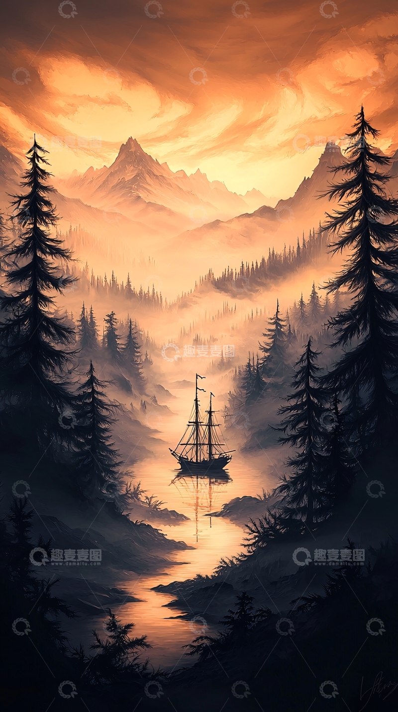 高清大图下载【趣麦麦图】-晨雾中的帆船与森林