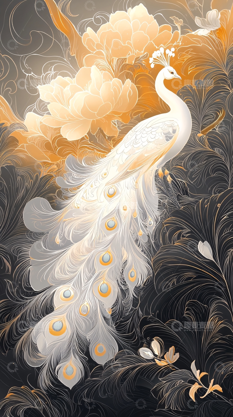 高清大图下载【趣麦麦图】白孔雀与金色花卉背景