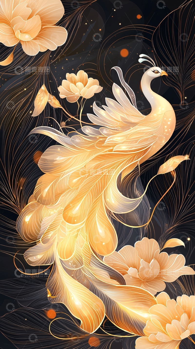 高清大图下载【趣麦麦图】金色孔雀与花朵的艺术插画