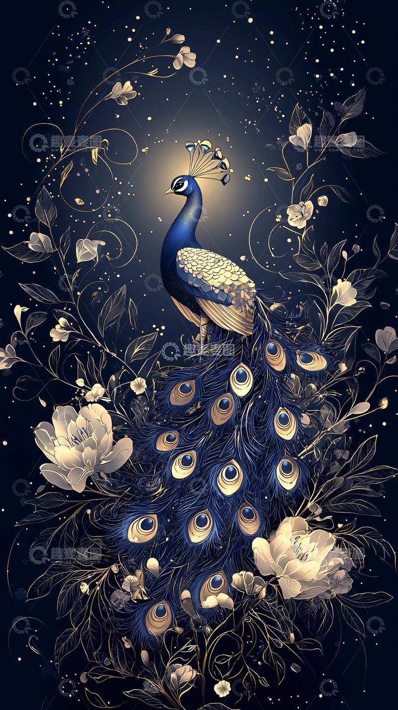 高清大图下载【趣麦麦图】梦幻孔雀与花卉夜景
