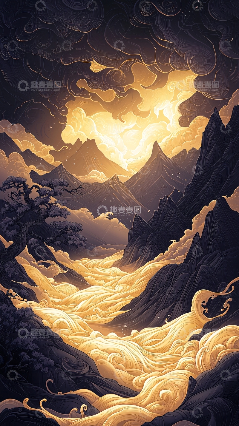 高清大图下载【趣麦麦图】金色瀑布与山脉的梦幻景象