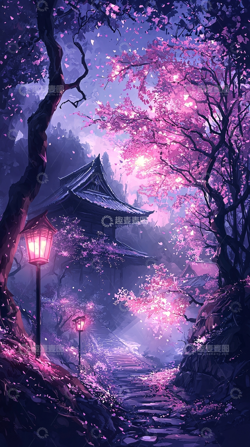 高清大图下载【趣麦麦图】樱花小径古屋夜景