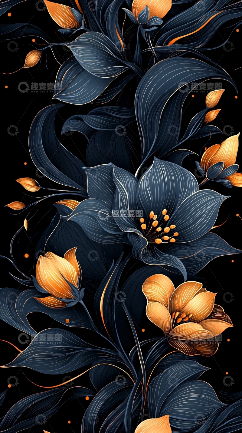 高清大图下载【趣麦麦图】深蓝橙色花卉图案背景