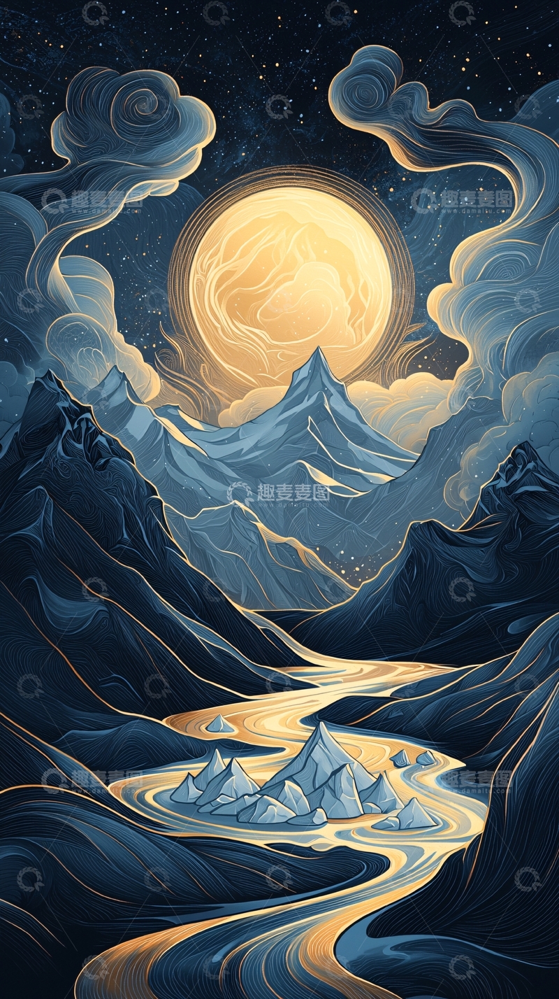 高清大图下载【趣麦麦图】月光下的雪山河流
