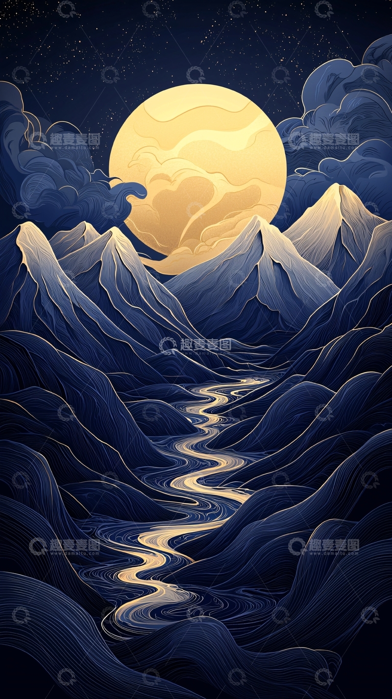 高清大图下载【趣麦麦图】夜色山河月光下的河流