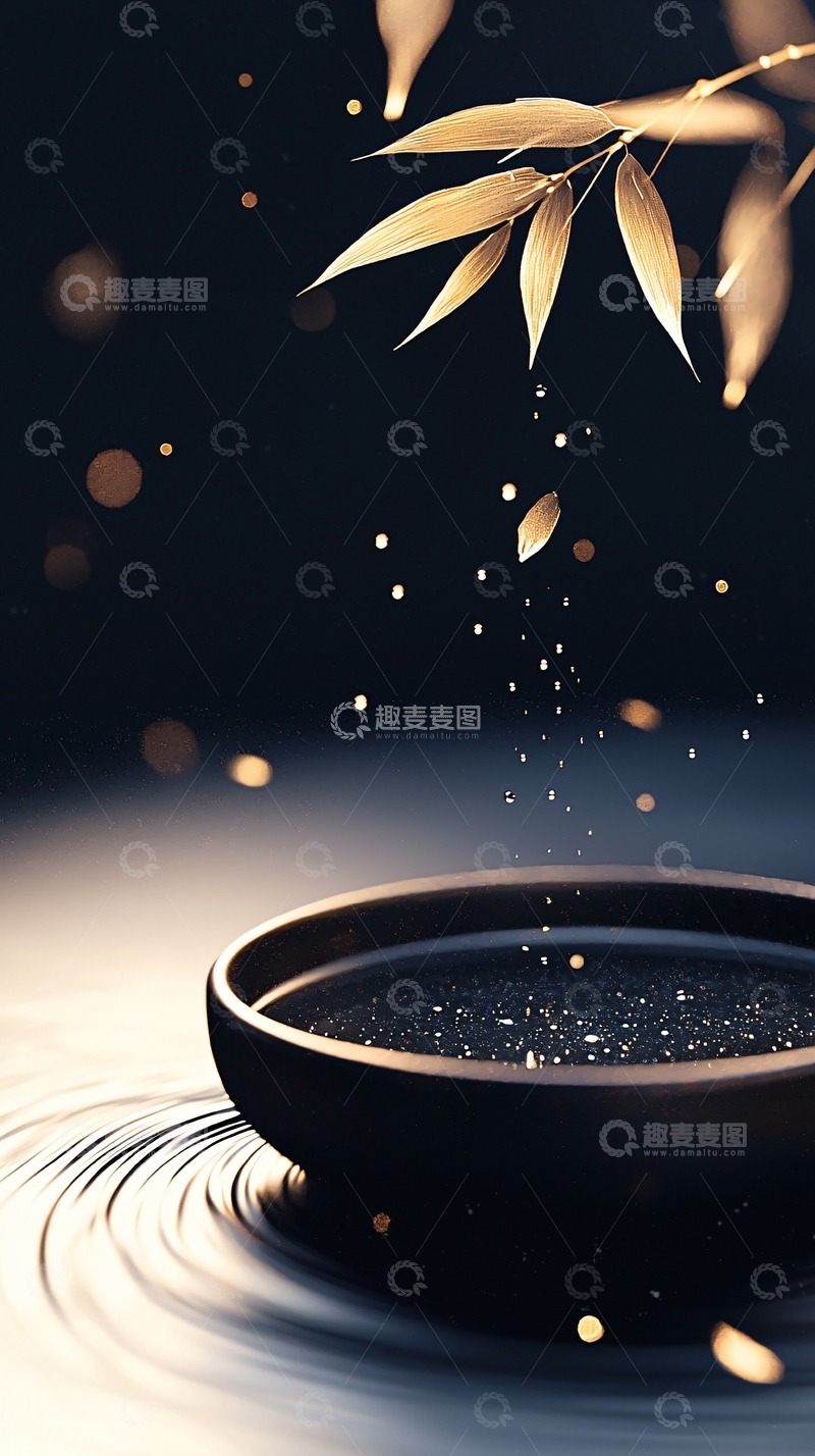 高清大图下载【趣麦麦图】静谧夜晚下的茶碗与竹叶