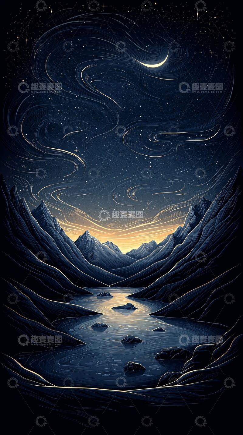 高清大图下载【趣麦麦图】夜空下的山河图