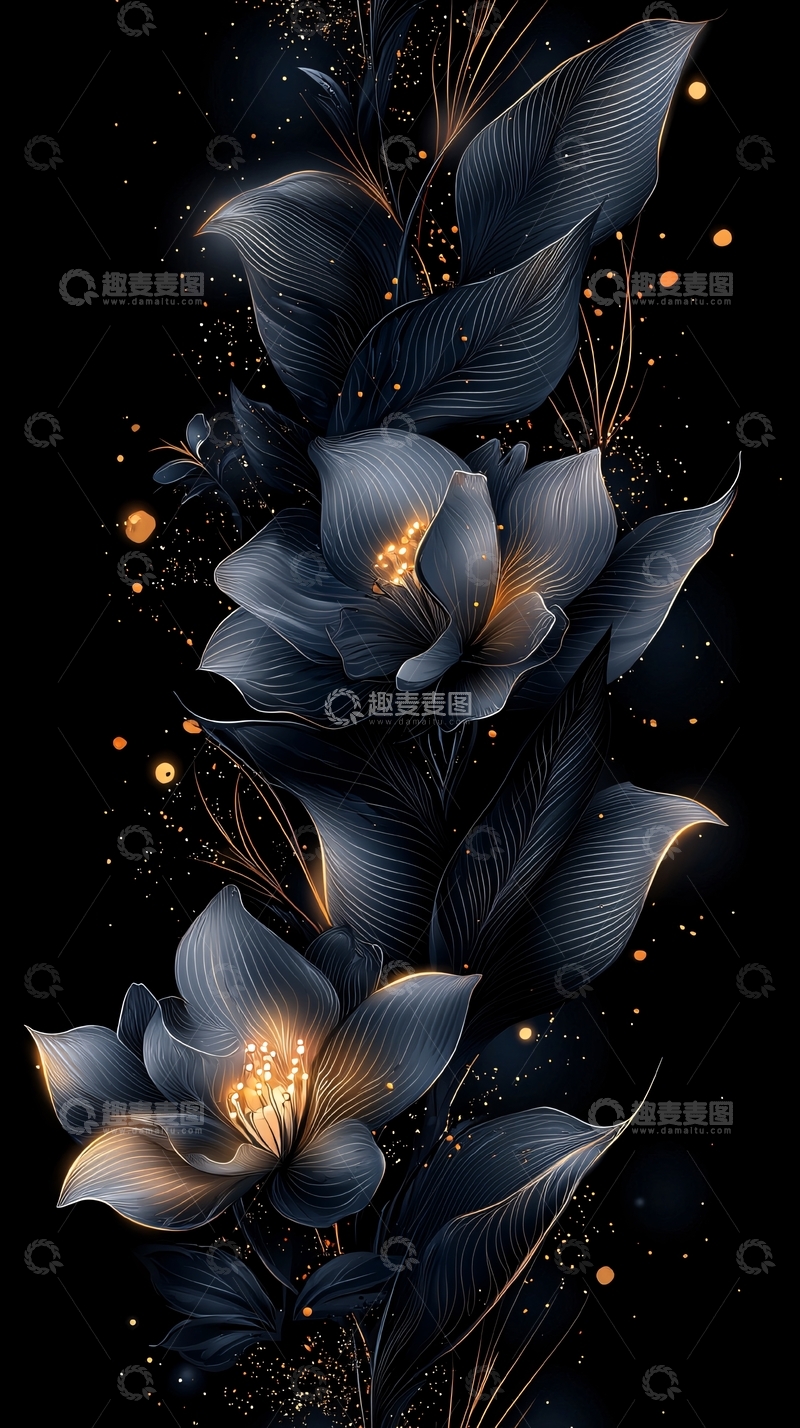 高清大图下载【趣麦麦图】深蓝夜光花卉插画素材