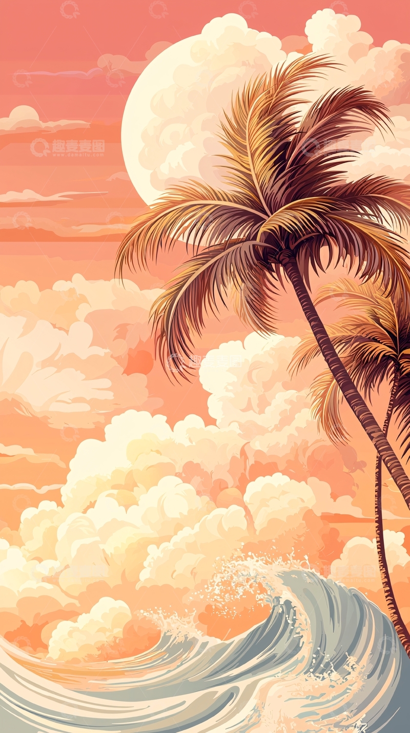 高清大图下载【趣麦麦图】热带海滩日落椰树海浪