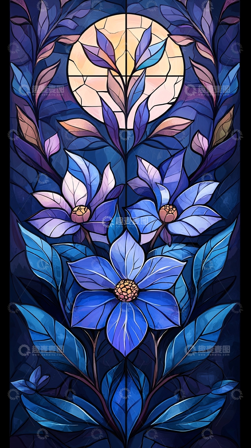 高清大图下载【趣麦麦图】蓝色花卉玻璃窗艺术图案