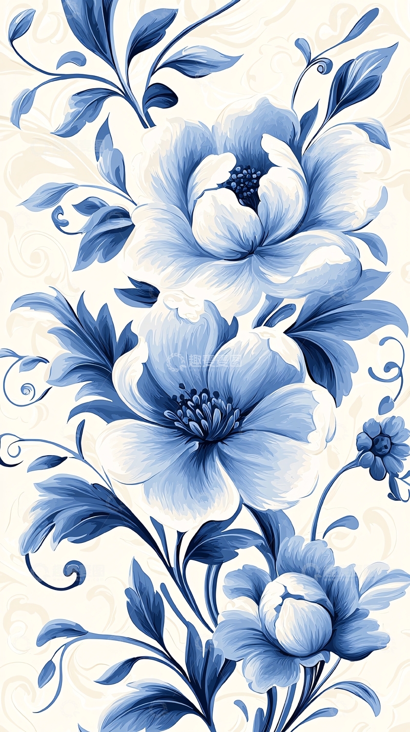 高清大图下载【趣麦麦图】蓝色花卉图案背景素材