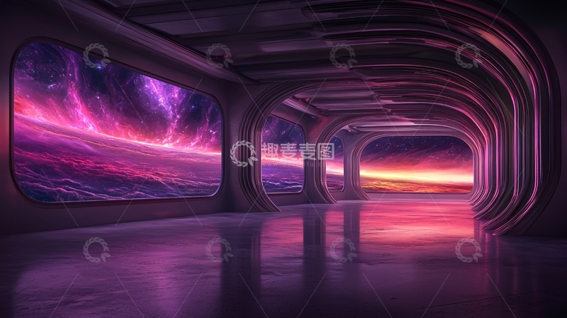 高清大图下载【趣麦麦图】未来太空站走廊夜景