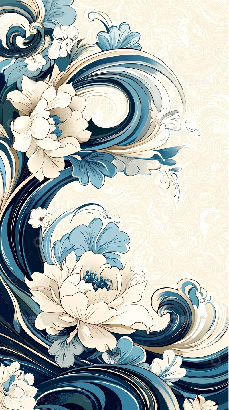 高清大图下载【趣麦麦图】波浪与花卉艺术插画
