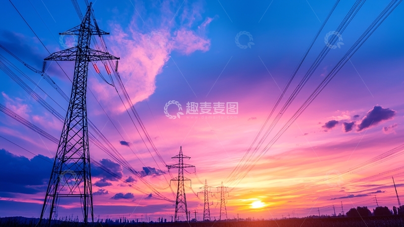 高清大图下载【趣麦麦图】夕阳下的高压电线塔