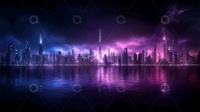 高清大图下载【趣麦麦图】未来城市夜景与闪电