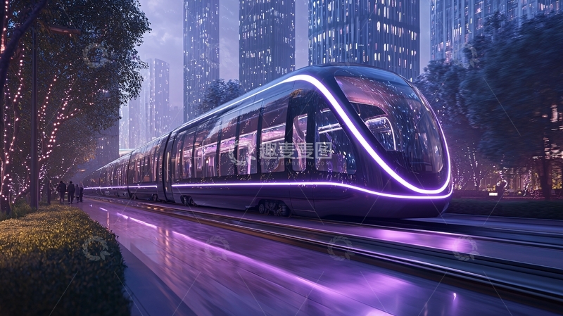 高清大图下载【趣麦麦图】未来城市夜景中的现代列车