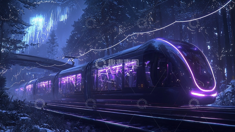 高清大图下载【趣麦麦图】未来森林中的霓虹列车