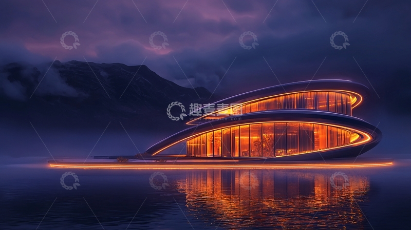 高清大图下载【趣麦麦图】现代湖边夜景建筑