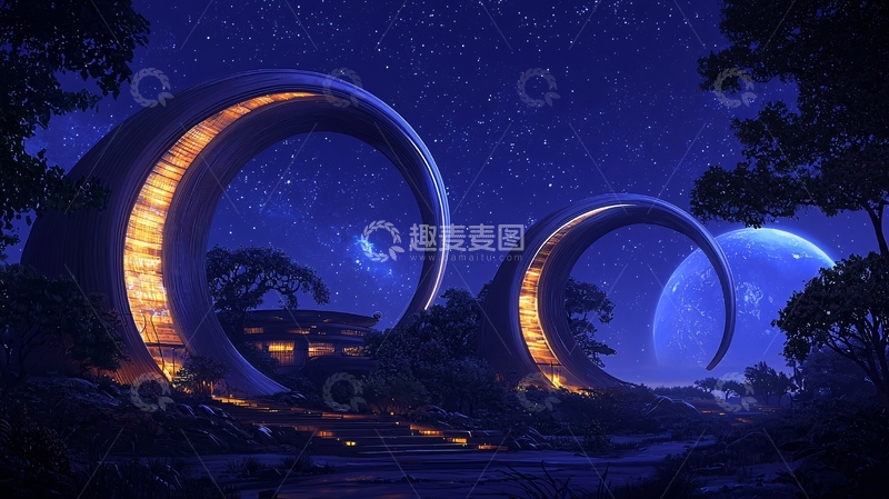 高清大图下载【趣麦麦图】星际环形建筑夜景