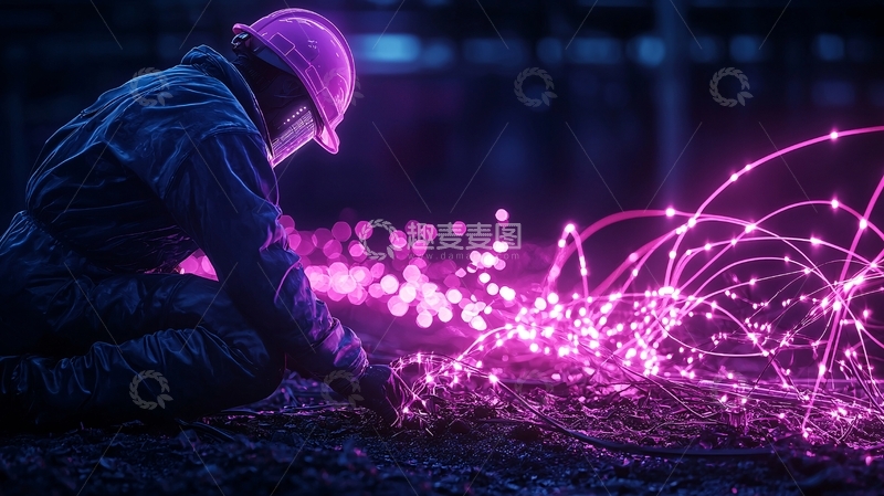 高清大图下载【趣麦麦图】工业工人与发光光纤电缆