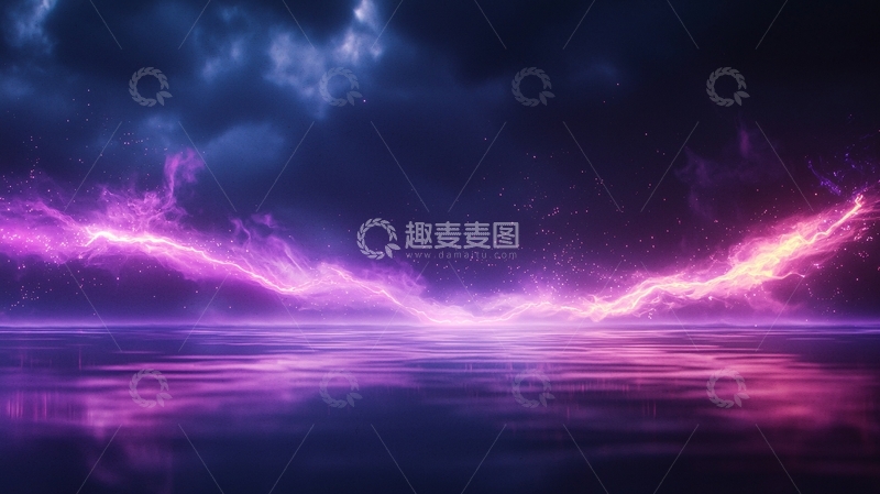高清大图下载【趣麦麦图】紫色闪电与星空下的宁静水面