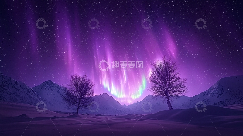 高清大图下载【趣麦麦图】极光下的雪地风景