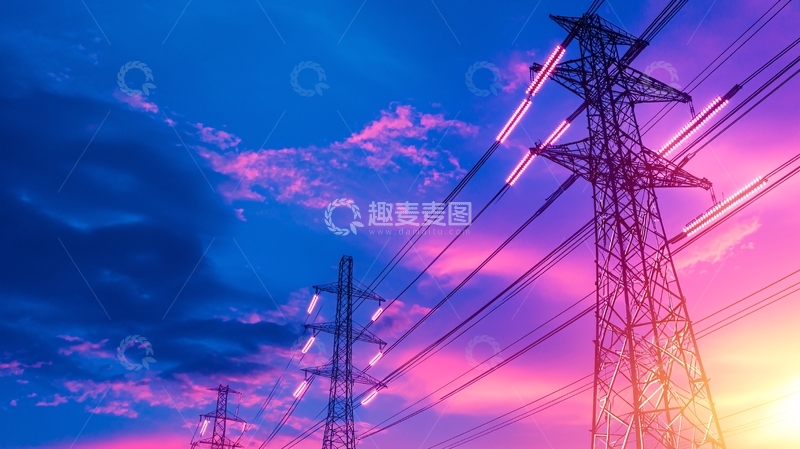 高清大图下载【趣麦麦图】夕阳下的高压电线塔