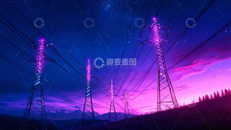 高清大图下载【趣麦麦图】夜晚星空下的电力塔