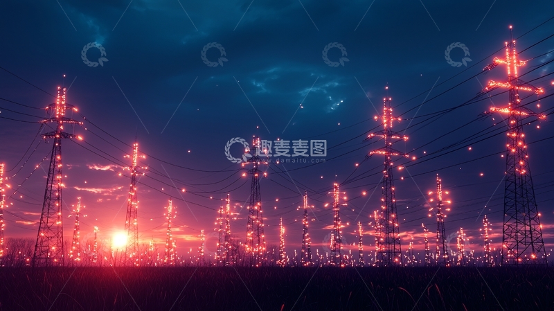 高清大图下载【趣麦麦图】夜晚电力塔与灯光璀璨