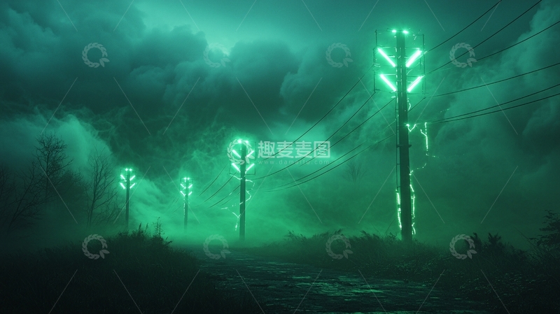 高清大图下载【趣麦麦图】夜晚绿色闪电下的电线杆