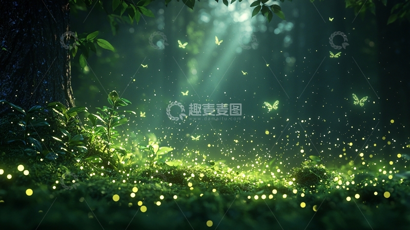 高清大图下载【趣麦麦图】梦幻森林中的萤火虫