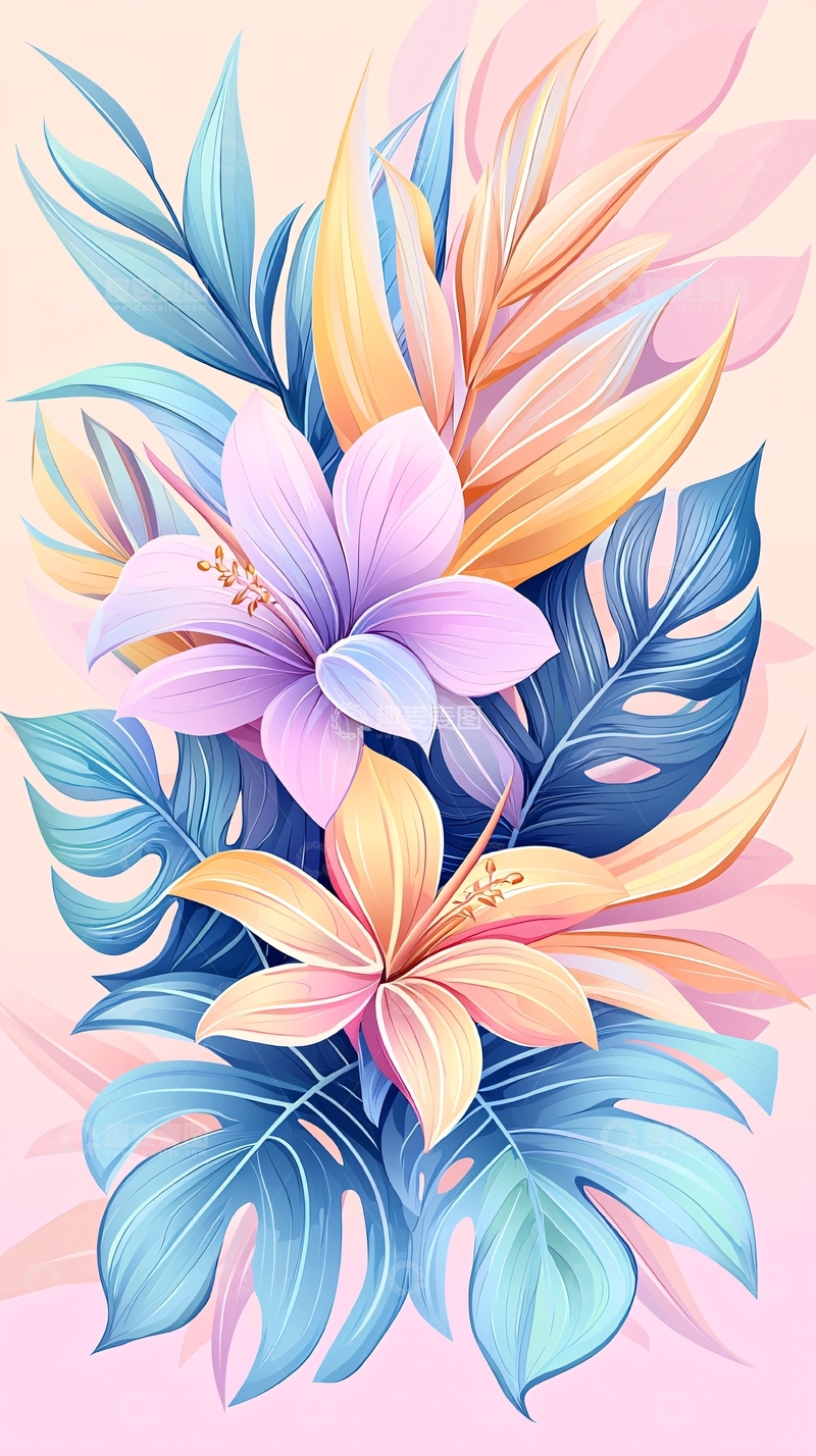 高清大图下载【趣麦麦图】热带花卉与叶子插画背景