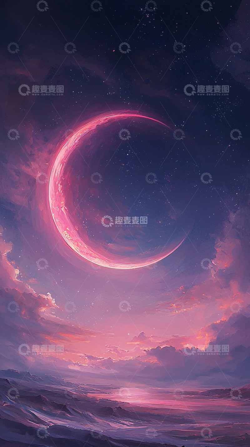 高清大图下载【趣麦麦图】梦幻星空下的粉红色月亮