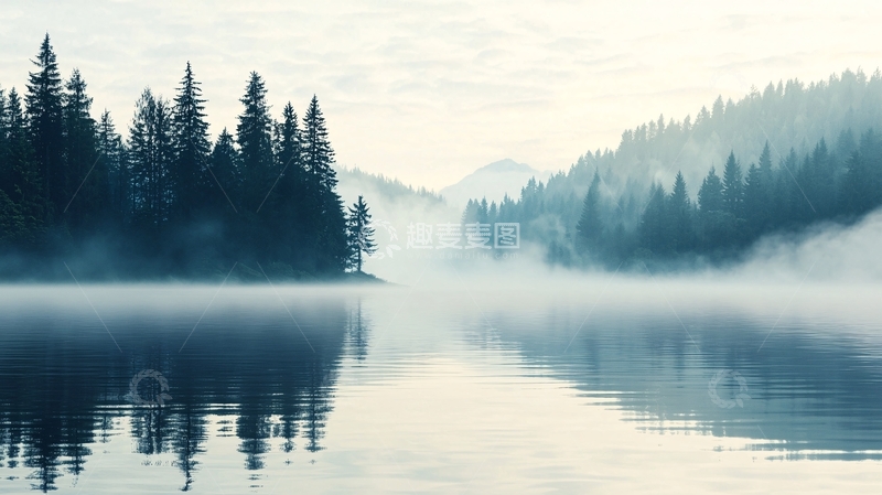 高清大图下载【趣麦麦图】晨雾中的宁静湖泊