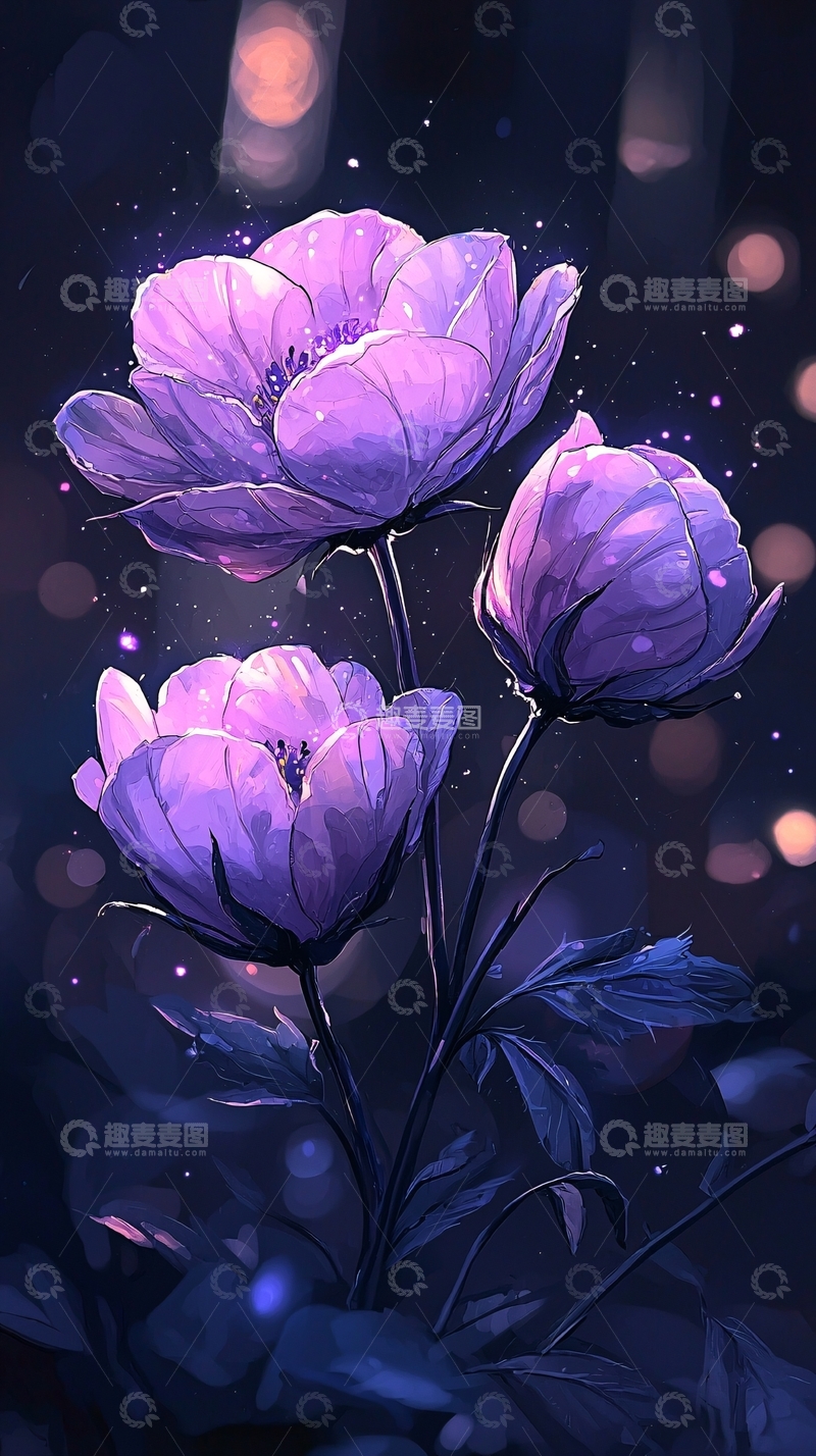 高清大图下载【趣麦麦图】紫色花朵夜景插画