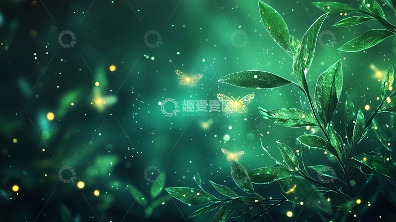 高清大图下载【趣麦麦图】梦幻绿色植物与发光蝴蝶背景