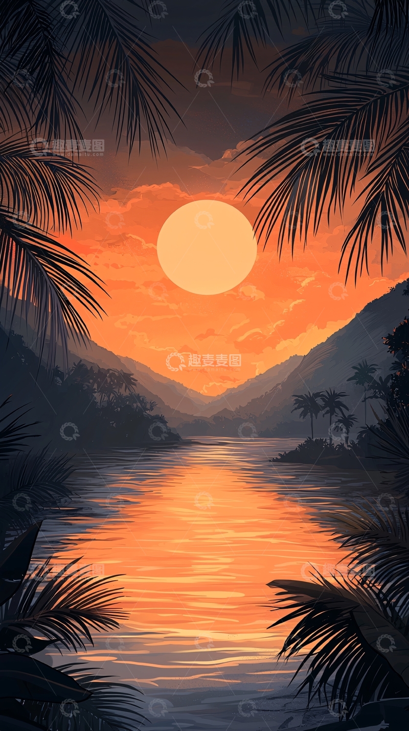 高清大图下载【趣麦麦图】日落海滩椰树风景