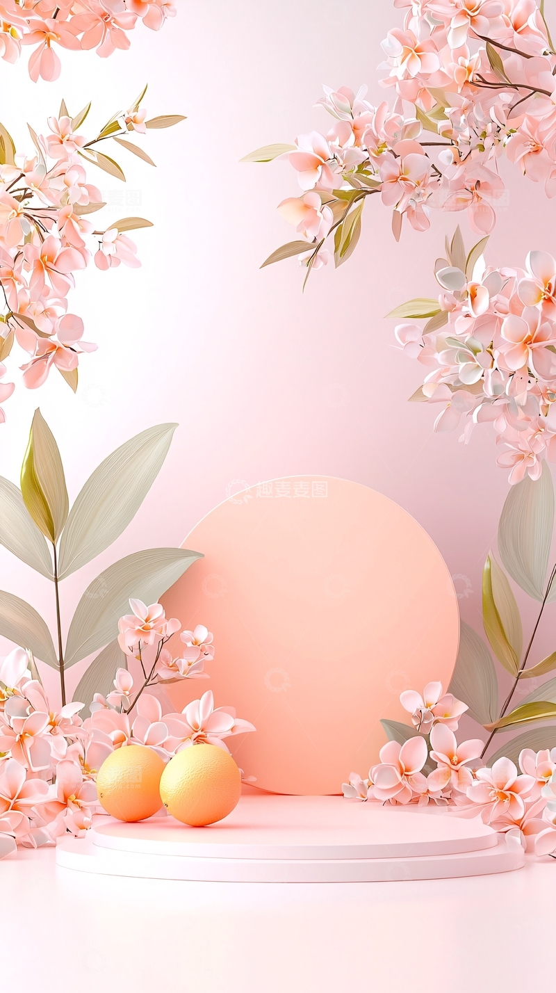 高清大图下载【趣麦麦图】粉色花朵与橙子的展示背景