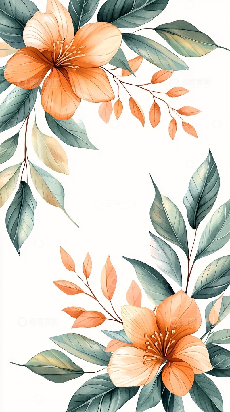 高清大图下载【趣麦麦图】橙色花卉与绿叶装饰图案